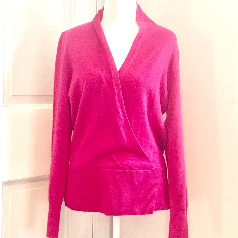 Boston Proper Pink Faux Wrap Cashmere Sweater with Fitted Silhouette